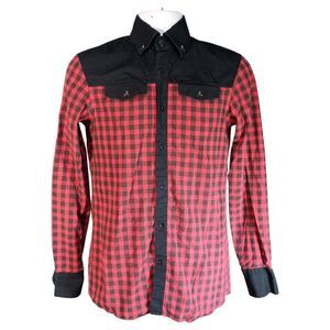 PHILIPP PLEIN Skull Metal Logo Checked Diamond Cut Shirt Red Black Mens Small